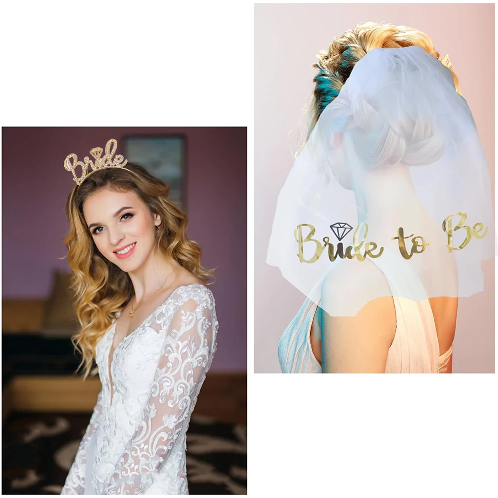Hen Party Bride to Be Set White Bridal Veil Sash Rhinestone Headband Tiara Wedding Tattoo Bridal Shower Bachelorette Party Decor view 5