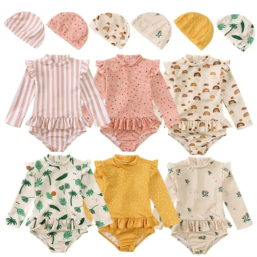 Ins Style Girls One-Piece Swimwear Beach Surf Bathing Suit Baby Toddler Child Kids 1-8Y Long Sleeve Ruffles Floral Dot With Cap