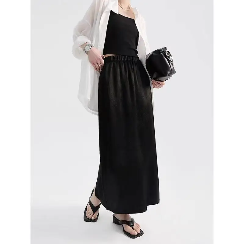 Summer thin loose silk skating cool casual light luxury drape skirt with pleated texture and slit