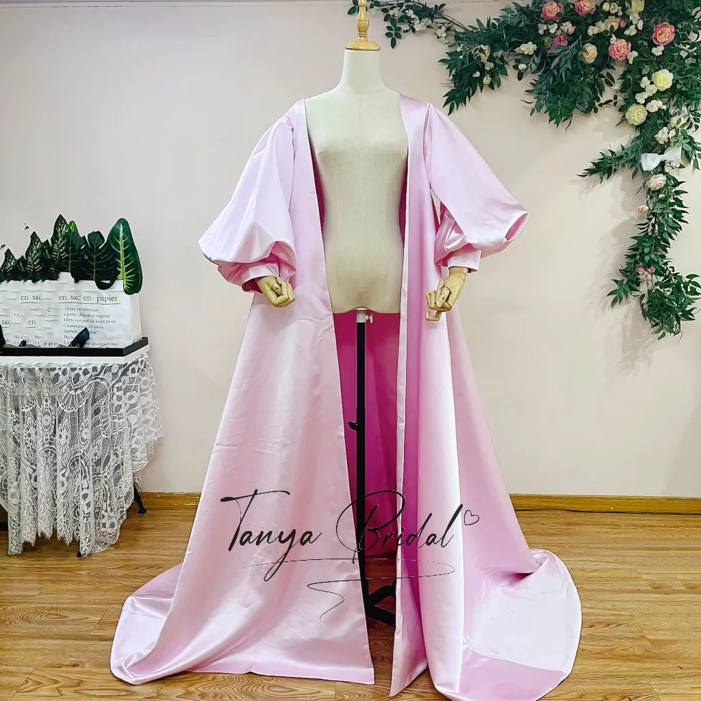 Pink Satin Long Cape Puff Sleeves Fashion Stage Costumes Singer Performance Costumes Women's Coats