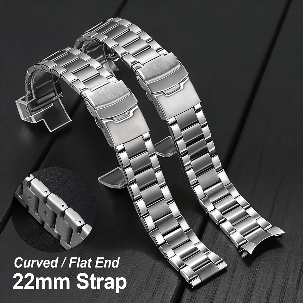 22mm Arc Flat End Stainless Steel WatchBand for Tissot for Seiko for Citizen Replacement Belt Folding Clasp Watch Strap Bracelet