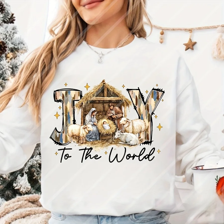Happy Christmas Birth Scene Christmas Eve Printed T-shirt Happy Festival Clothing Women's Festival T-shirt