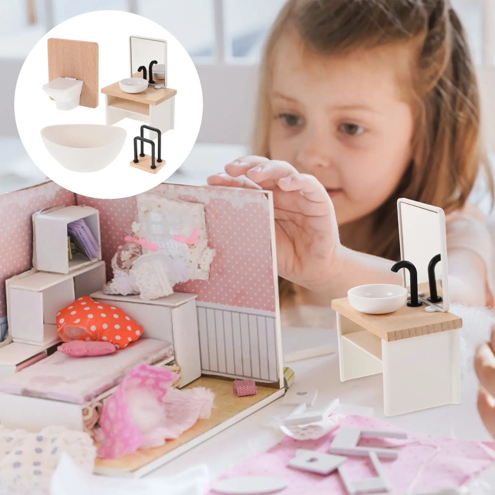 

Набор аксессуаров для кукольного домика в масштабе 1:12: ванна, раковина, туалет, шкафчик. Тонкие детали, безопасные материалы для творческих игр.