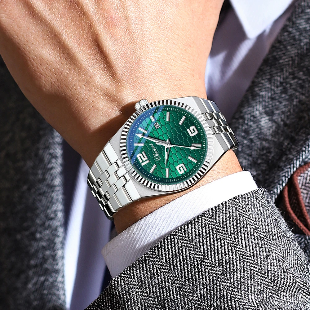 

CHENXI автоматические часы с волнистым сотовым узором, циферблат, серебряные часы, мужские механические часы, светящаяся водонепроницаемая дата, нержавеющая сталь