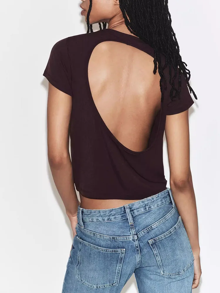 Sexy Short Sleeve round Neck Backless T-Shirt Women's Slim Fit Multi-Color Choices Summer New Arrival ZA2026 Stage Costume