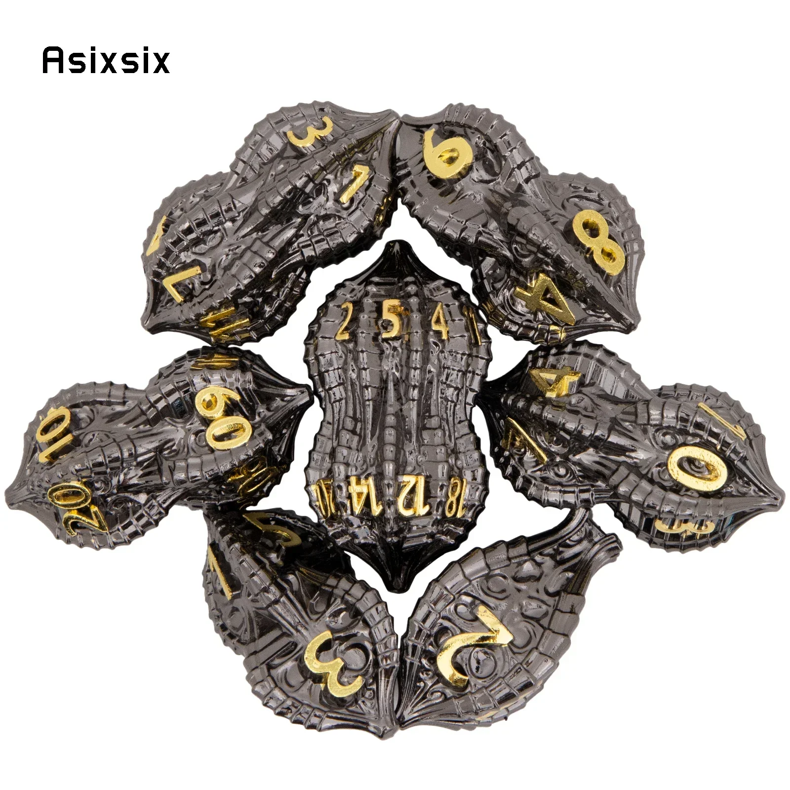 Dados metálicos, perfectos para juegos de rol de mesa y juegos de cartas, 7 piezas, dados metálicos dorados con diseño de flor negra, dados metálicos huecos, perfectos para C