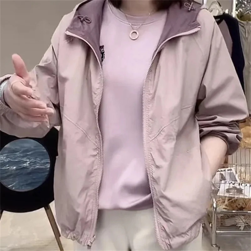 Korean Ladies Double Sided Loose Coat Autumn Women Fashion Color Blocking Hooded Jacket Spring Female Long Sleeved Lined Outwear