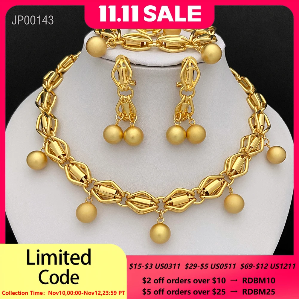 

Dubai Nigeria Jewelry Set For Women Classic Design Beads Necklace Earrings Ring Bracelet 18K Gold Plated 4Pcs Set Jewelry