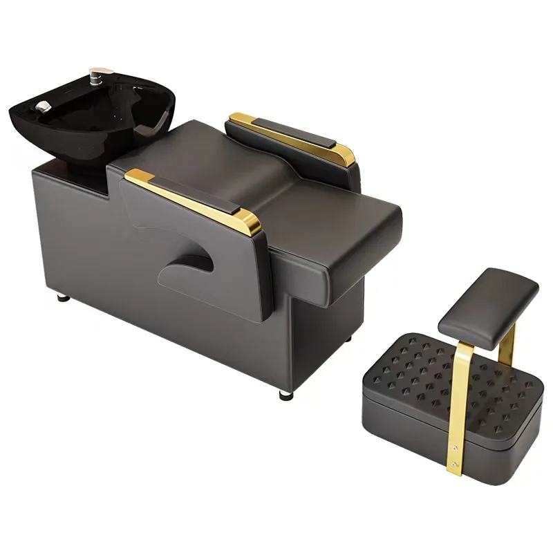 

Modern Semi-Reclining Head Therapy Hair Salon Shampoo Bed Custom Ceramic Basin Metal Washing Bed for Barber Shop