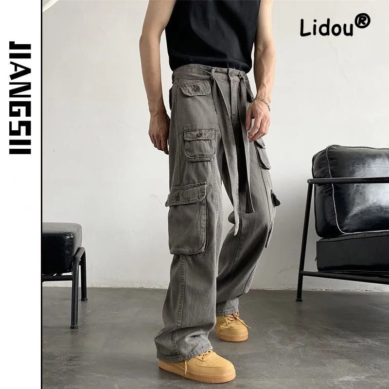 

High Street Vintage Multiple Pockets Particularity Men's Cargo Pants Loose Straight Cylinder All-match Male Trousers 2023