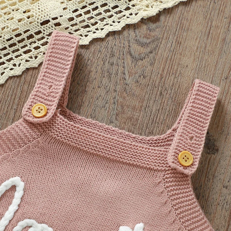 Newborn Rompers Fashion Embroidered Letters Infant Boy Girl Jumpsuits Knitted Toddler Sling Clothing Outfits 0-18M Overalls Cute