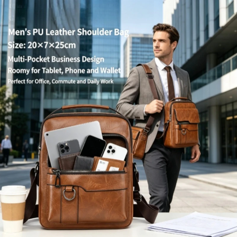 Men Vertical PU Leather Crossbody Bag, Fashion Large‑Capacity Handbag Multifunctional Business Commuter Single‑Shoulder