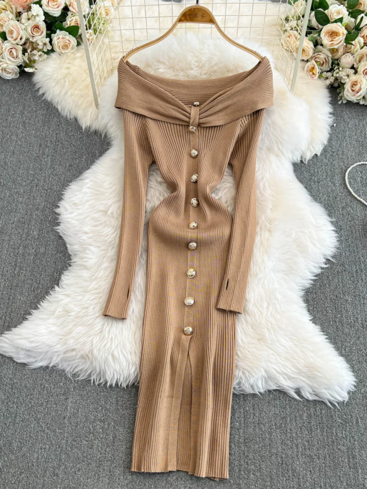 Foamlina Chic One Line Shoulder Long-sleeved Sweater Dress Women's Tight-fitting Split-ended Bottomed Knitted Dresses Autumn