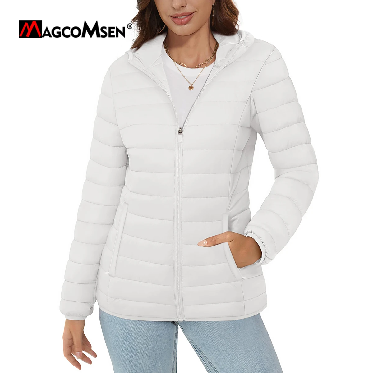 MAGCOMSEN Women's Hooded Puffer Jacket Full-zip Windbreaker Waterproof Lightweight Warm Down Jackets 4 Pockets Female Outerwear