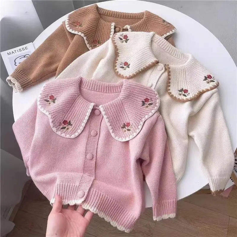 Baby Girls Sweater Fashion Petals Collar Knitted Cardigan Knitwear Children Embroidery Coat Princess Girls Autumn Winter Sweater