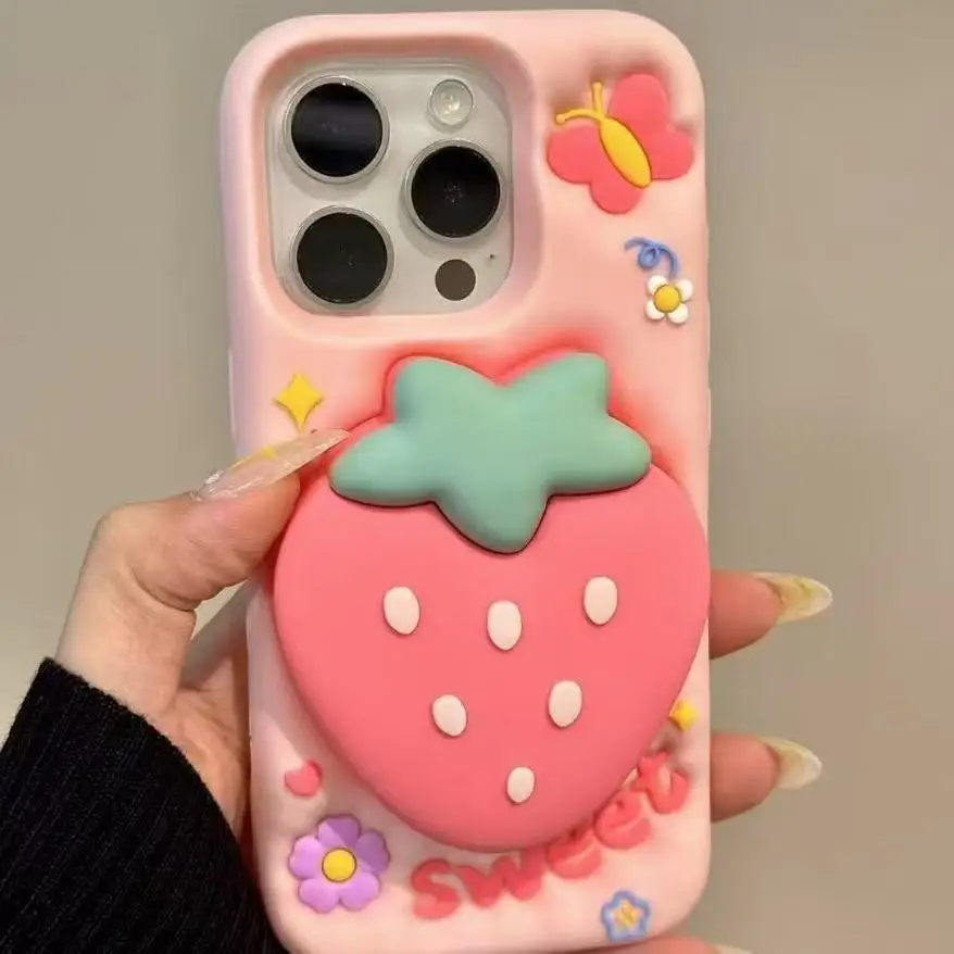 Модный милый силиконовый чехол для телефона с 3D клубничной подставкой для iPhone 17 16 15 14 13 Pro Max 14 15 Plus Sweet Cute Y2K Girl Soft Cover