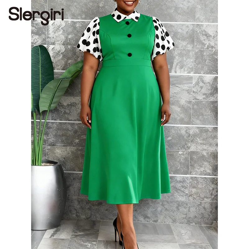 

Slergiri Plus Size Polka Dot Puff Sleeve A-Line Dress Women Summer Button Detail Vintage Office Ladies Elegant Long Dresses
