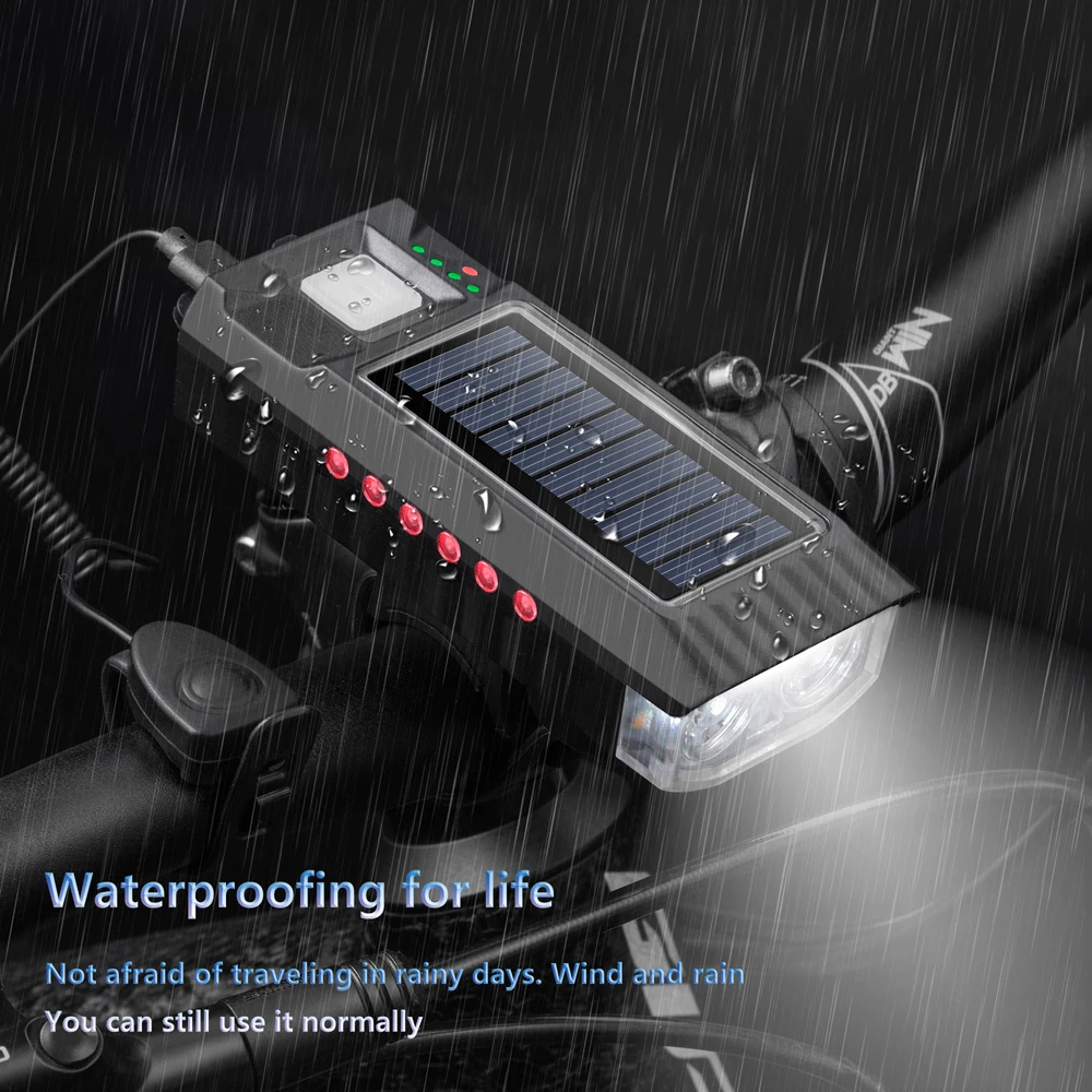 Solar Bicycle Light USB Rechargeable Power Display MTB Mountain Road Bike Front Lamp with 120dB Horn Flashlight Bicycle Lights