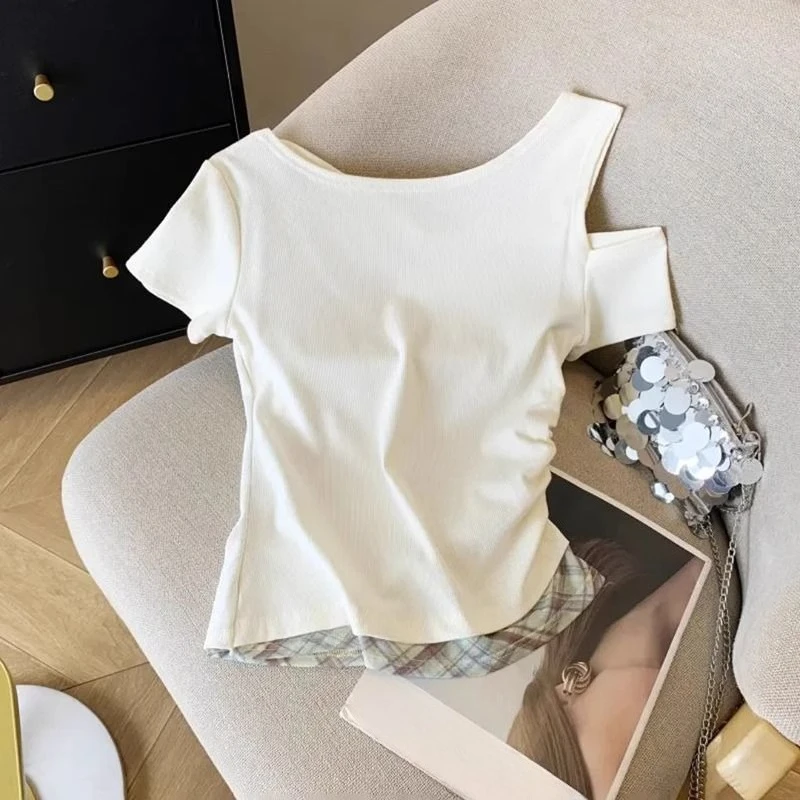 Girls Off Shoulder Fake Two Piece T-Shirt Short Sleeve Summer Kids Top Slim Fit Color Block Splicing Tee for Big Girls Age 7-14​ view 4