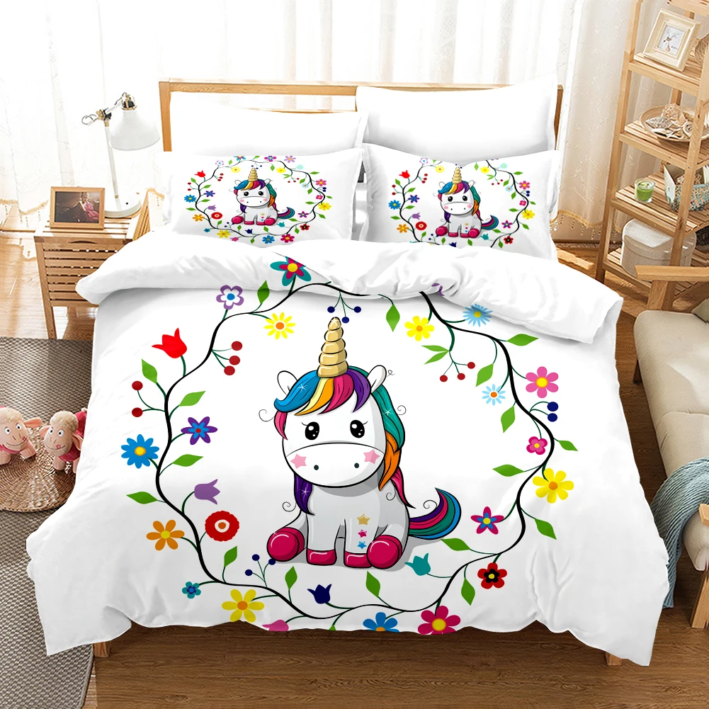 

3D - Printed Cartoon Unicorn Bed Linen Set: Cute Duvet Cover with Pillowcases. Ideal for Girls' Children's Bedrooms