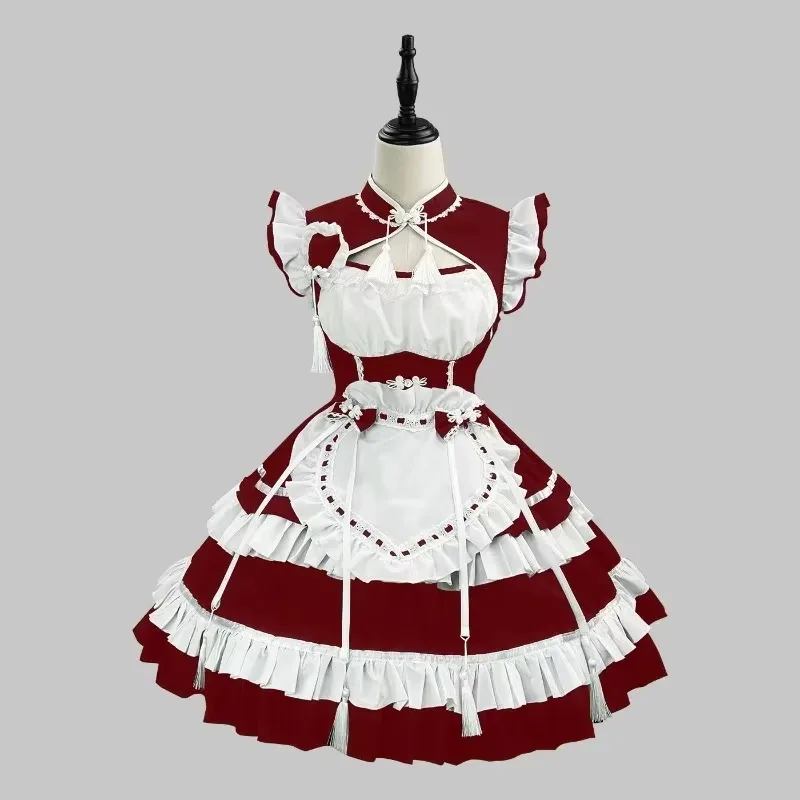 FallenVex Store Black Red Ruffle Maid Dress for Women S-5XL Apron Cosplay Outfit Waitress Uniform Halloween Party Costume