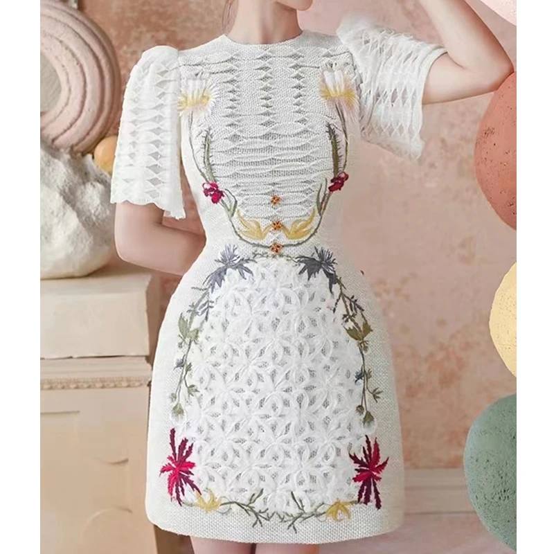 

Белое платье с цветочной вышивкой, женское винтажное кружевное облегающее платье с короткими рукавами, элегантное вечернее платье с высокой талией, женское ажурное платье