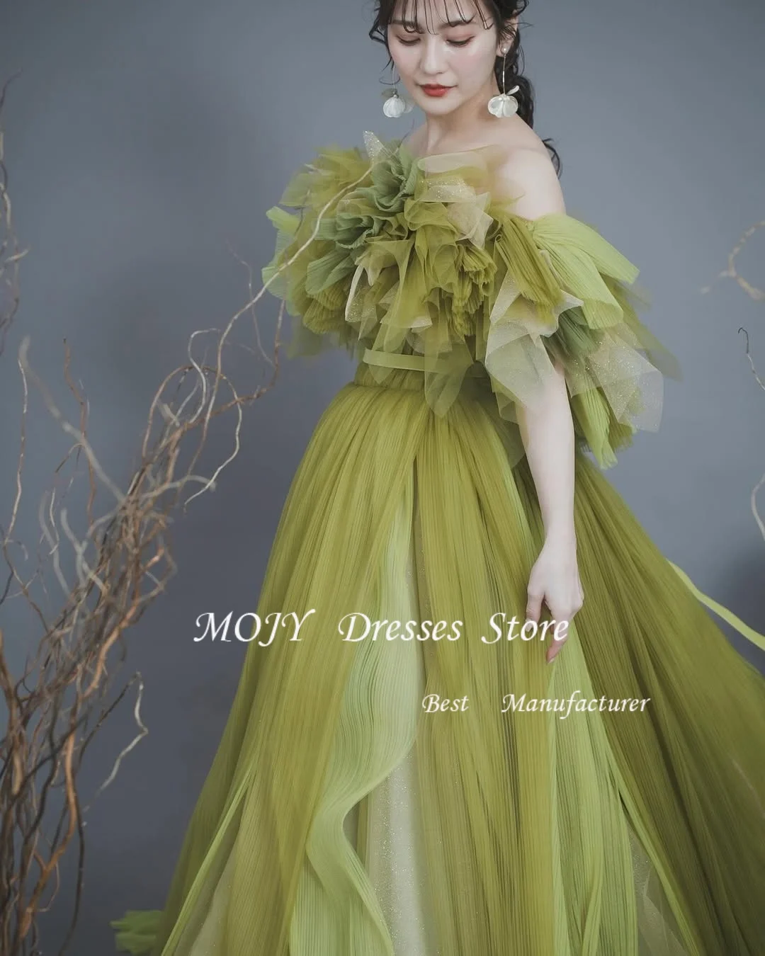 Mojy Elegant Off Shoulder Green Evening Dresses Korea Photo shoot A Line Garden Wedding Gowns Korea Customized ウェディングドレ