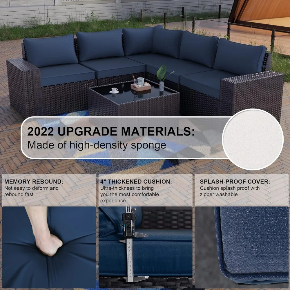 Outdoor Patio Furniture Set 6-Piece Sectional Rattan Sofa Set with 5 Navy Seat Cushions and 1 Tempered Glass Table