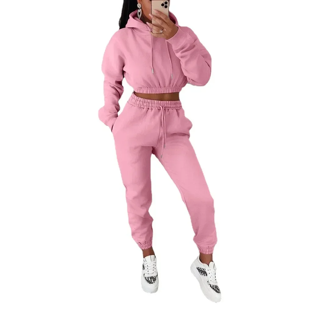 Women Two Piece Sets Hooded Loose Casual Matching Sets Short Tops Lace Up Straight Long Pants Set tracksuit Autumn winter