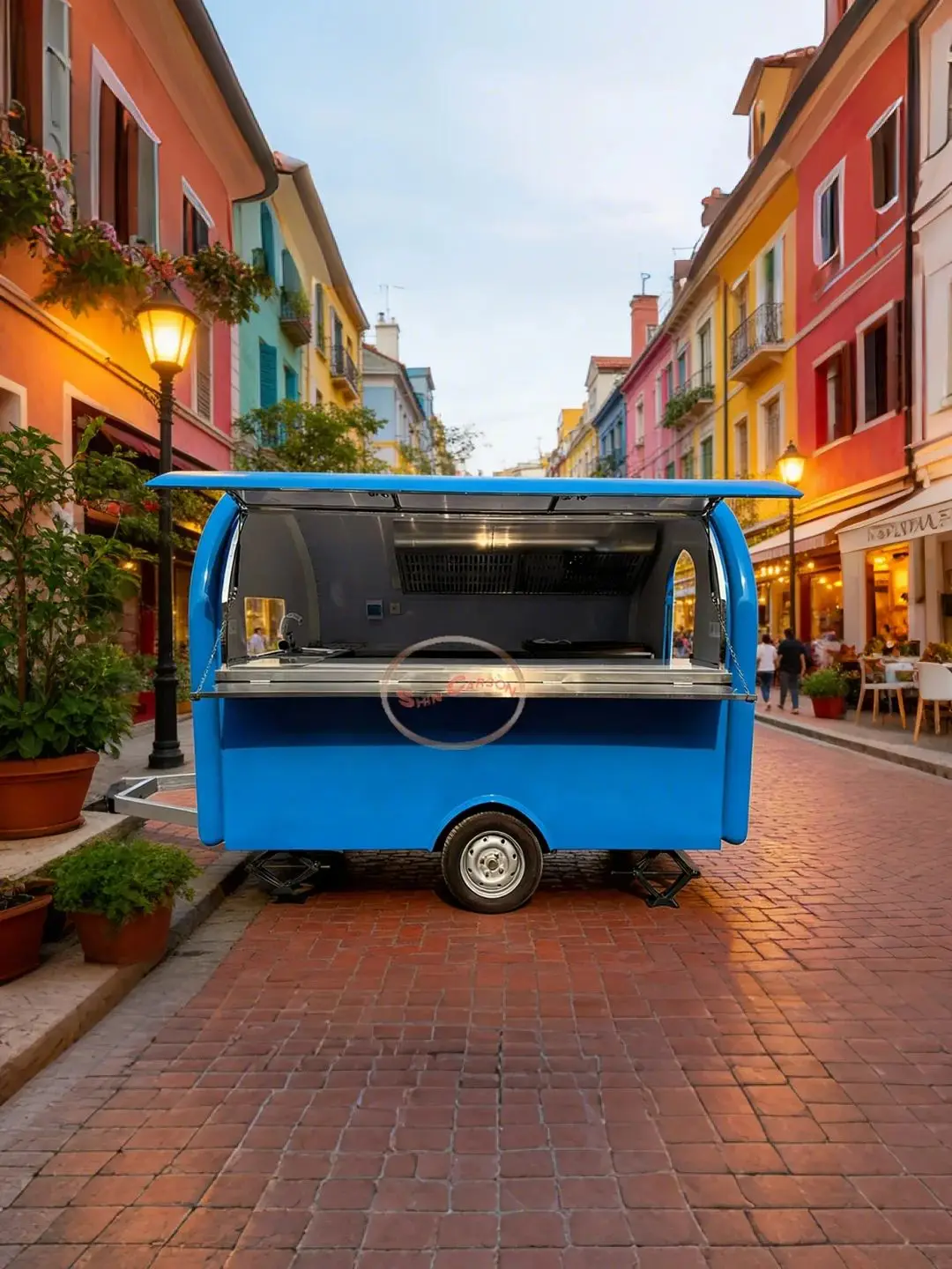 

Outdoor Food Trailer Blue Dominant Color Extra Large Serving Window Side Tow Hitch Bottom Easy Moving Vehicle