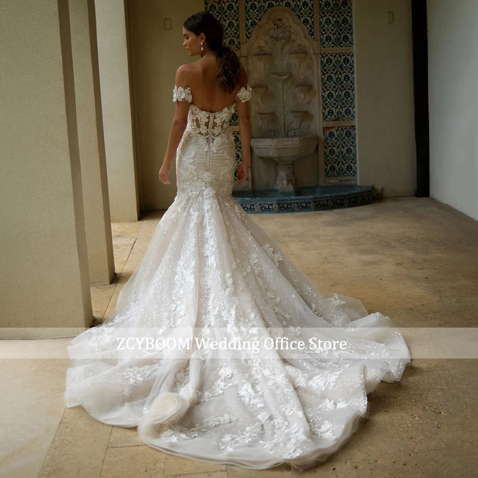 Splendidi fiori 3D Appliques Abiti da sposa Mermiad 2025 Principessa con spalle scoperte Conteggio treno Abiti da sposa donna Vestido De Novia