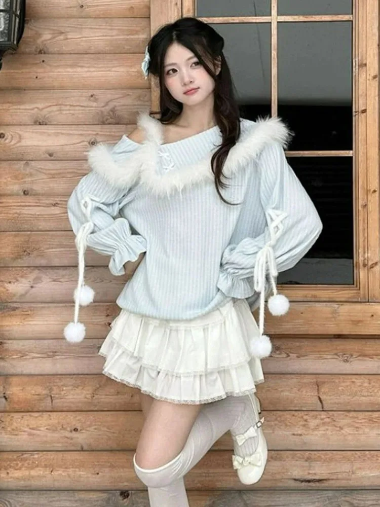 

Japanese Sweet Lolita 2 Piece Sets Women Kawaii Plush Patchwork Off Shoulder Knitted Top Cute Mini Cake Skirt Y2k Casual Outfits