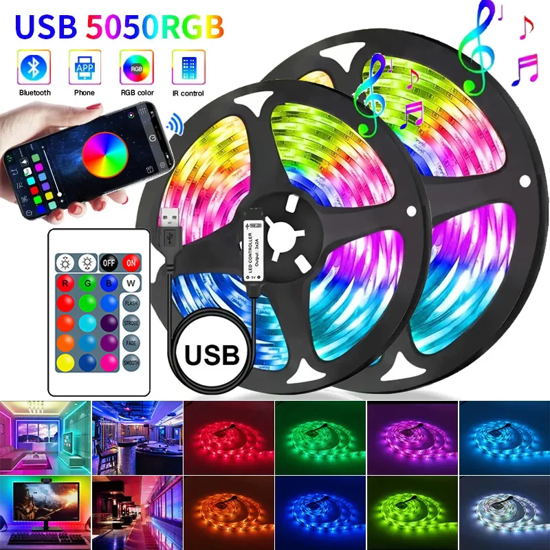 LED Strip Lights 5V USB Bluetooth 5050 RGB LED Lights Flexible Lamp Tape Ribbon For Christmas Room Decoration TV Backlight 1-30m