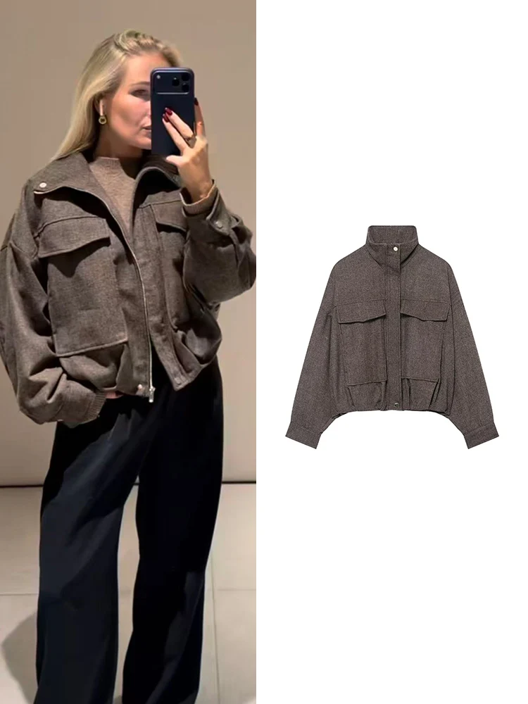 

TFMLN Chic Loose Jacket For Women Fashion Stand Collar Zipper Pockets Oversized Bomber Coats Ladies Autumn New Streetwear