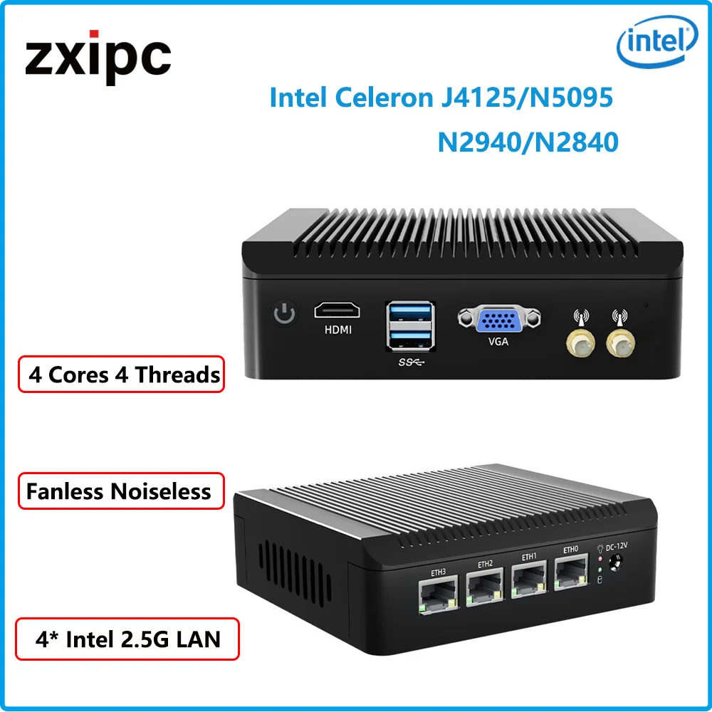 Firewall Mini pc Industrial, ordenador sin ventilador, Intel Celeron J4125, N5095, enrutador 4x2,5G, LAN, NVMe, pfsense, Mini PC para juegos