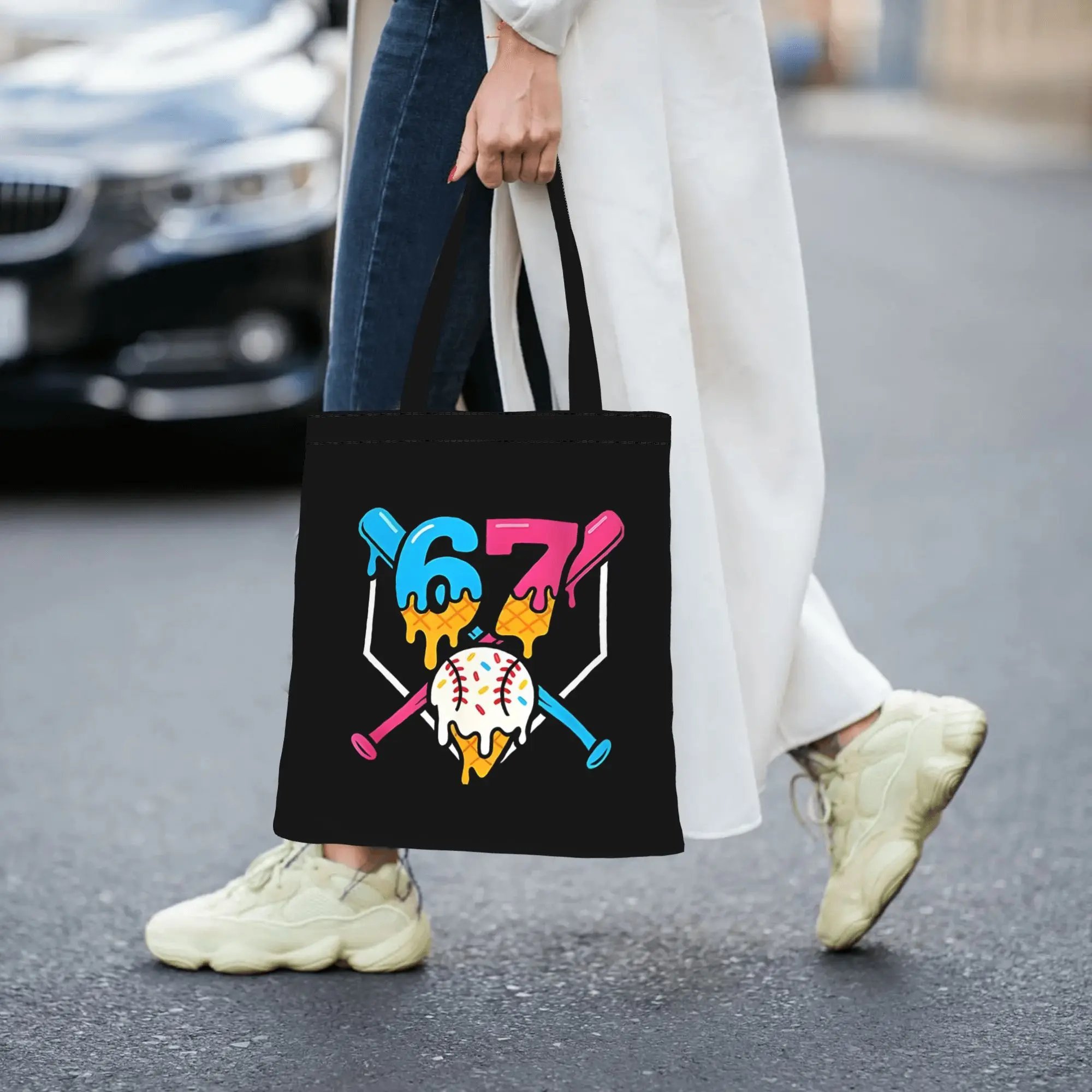 Bolso de lona Six Seven Baseball Ice Cream Drip Cool 67 Gen Alpha Slang, perfecto para viajes, bolsos de mano para mujer