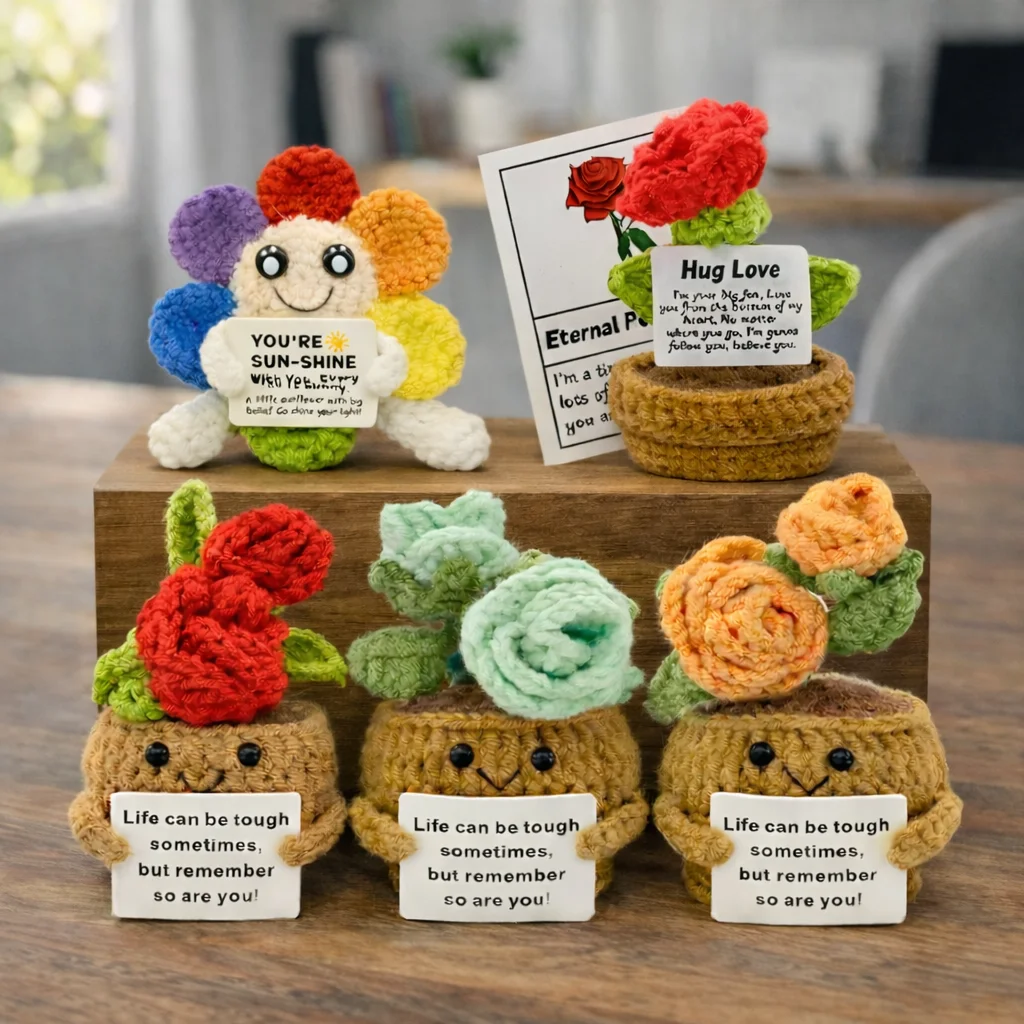 PlantSeries Positive Energy Rose Sunflower Crochet Doll Handmade Knitted Potted Plant Hug Encouragement Card Mini Desk DecorGift