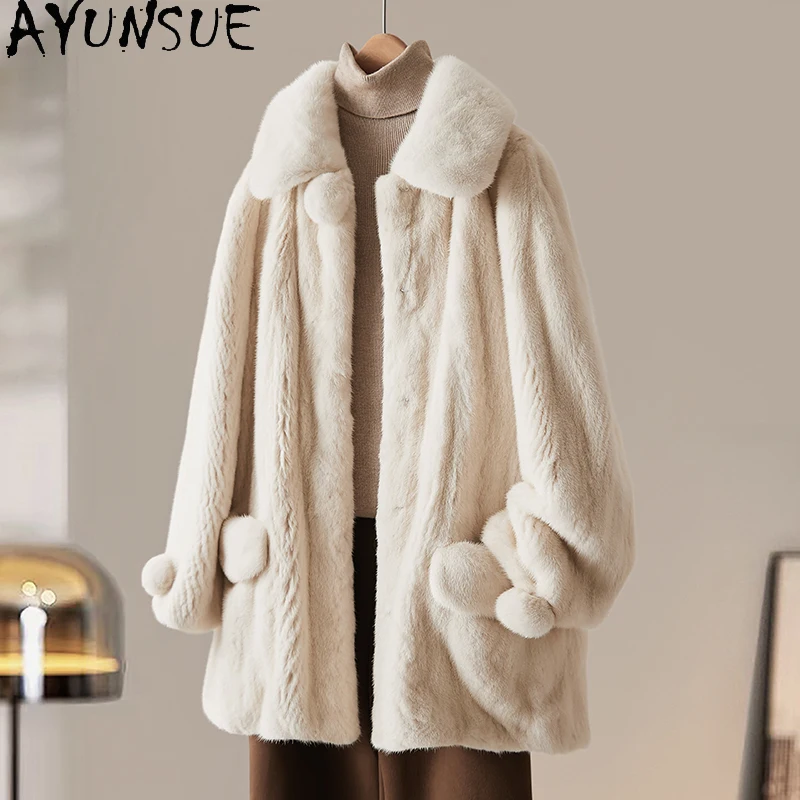 AYUNSUE manteau de fourrure de vison naturel femme 2025 nouveauté manteaux d'hiver pour femme mi-longue vêtements de mode décontractés pour femme