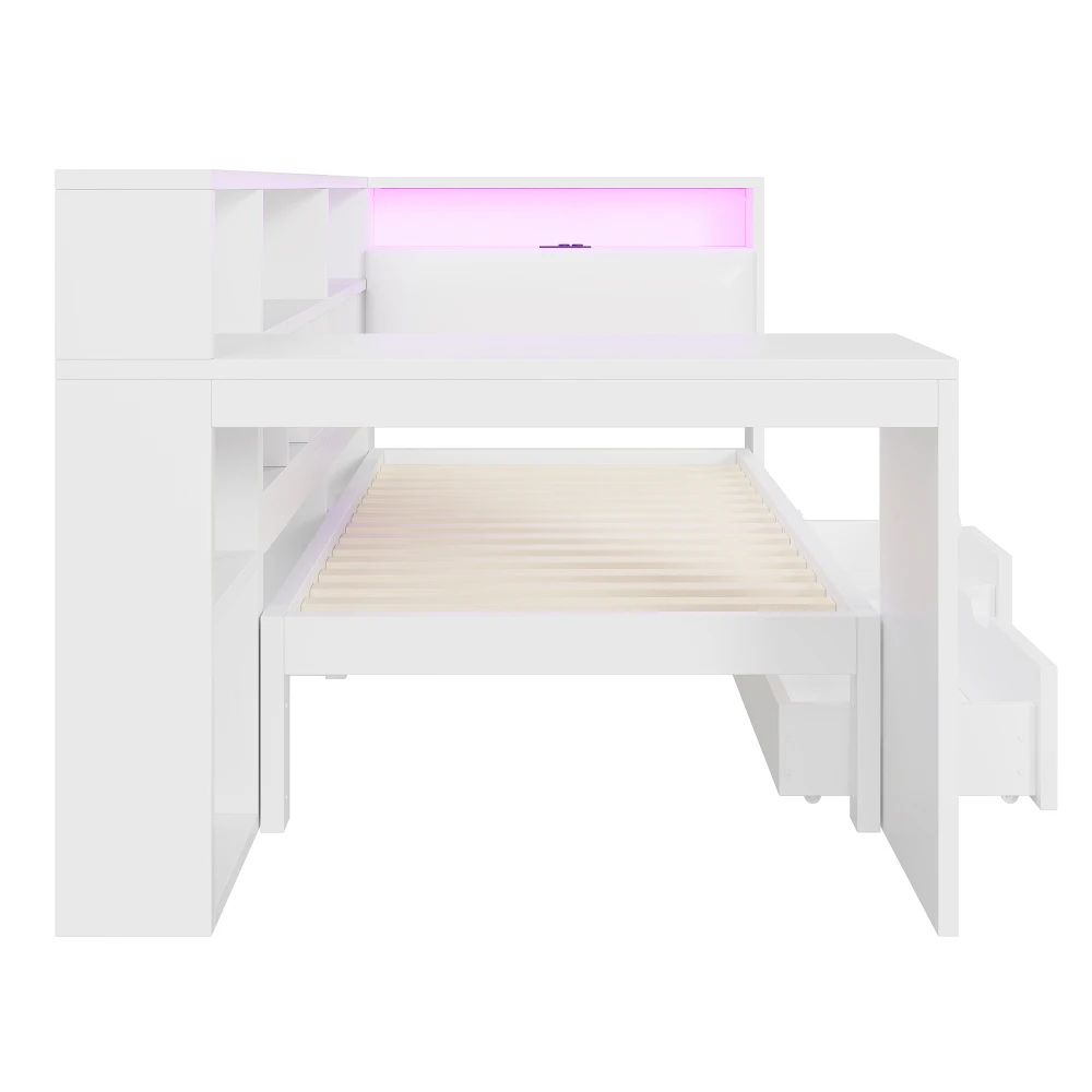 90x200 L-förmiges Plattformbett aus Holz mit Schreibtisch und Bücherregal, Eckkapitänsbett mit gepolstertem Kopfteil, Schubladen, LED-Licht – Detail 14