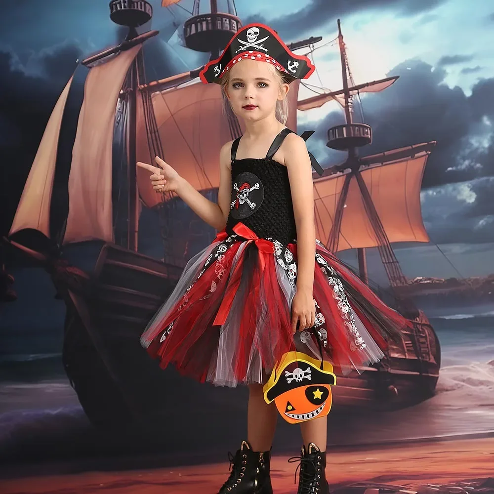 2023 New Pirate Costume Girl Halloween Costume Children's Party Cosplay Costumes Pirate Captain Girl Mesh Tutu Dress Baby Kid