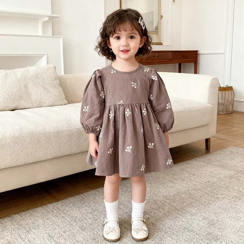 2026 neue Frühjahr Casual Blumenmädchenkleider Kinder Mädchen Kleid 2-6Yrs Floral Kinder Kleidung Baumwolle Stickerei Baby Mädchen Prinzessin Kleid