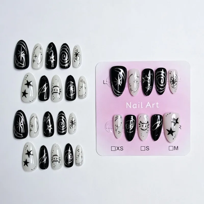 24PCS Y2k Black Almond Press on False Nails Handmade Star Cat Cute Silver Swirl Sweet Cool French Fake Nails Wearable Nail Tips 2