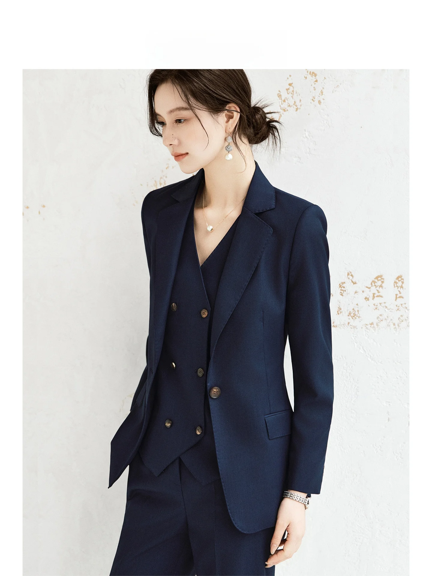 

British Style Woolen Suiting Women's Professional Fashion Spring New Arrival Tailored Blue High Quality Wool Career Outfit