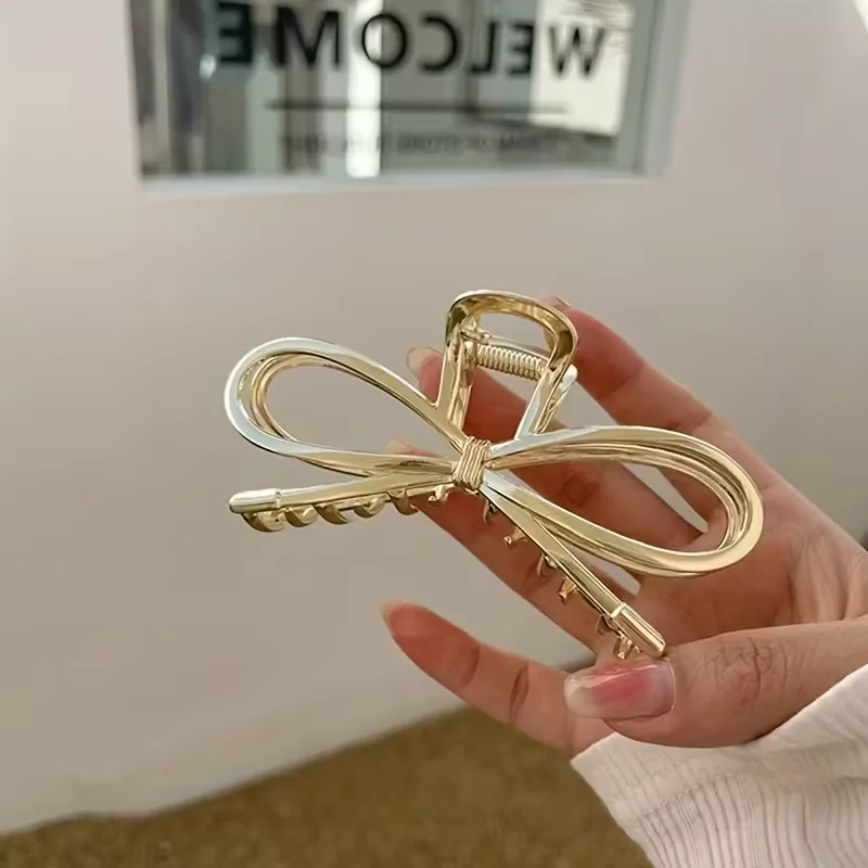 

[Elegant Hair Claw Clip] Elegant Alloy Hair Claw Clip for Women | Large Hollow Bow Design, Solid Color Shark Clip for Updo, Fash
