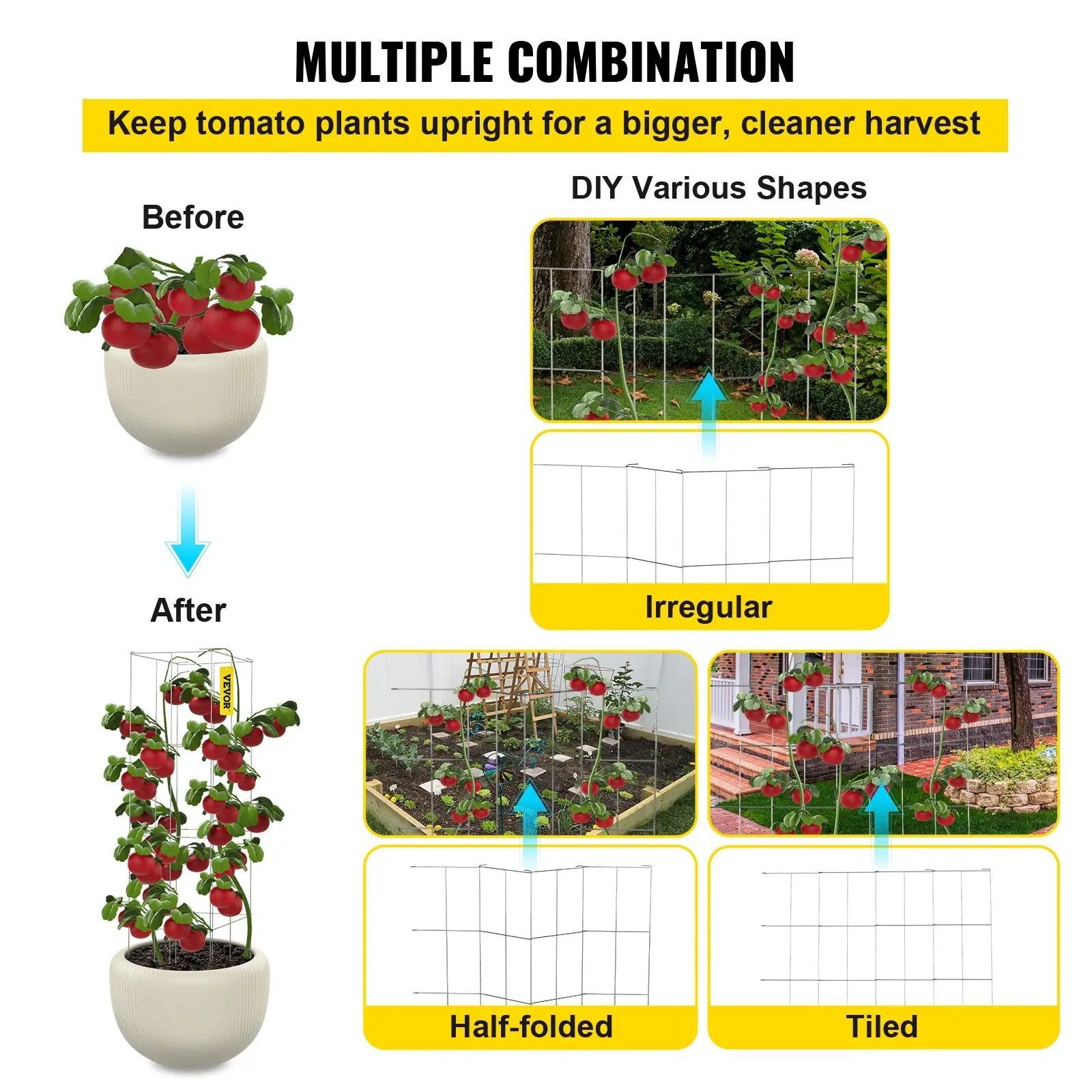 Torres de tomate de acero recubiertas de PVC plateadas para trepar verduras, 11,8" x 11,8" x 46,1", 10 paquetes de jaulas cuadradas para soporte de plantas,