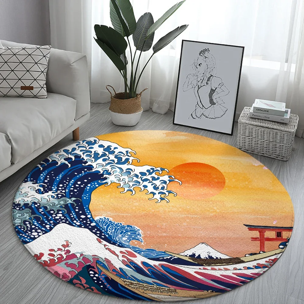 Waves Round Rug Sofa Carpet for Home Living Room Bedroom Bathroom Decoration Floor Mats Japanese Style Kanagawa Bathroom Carpets