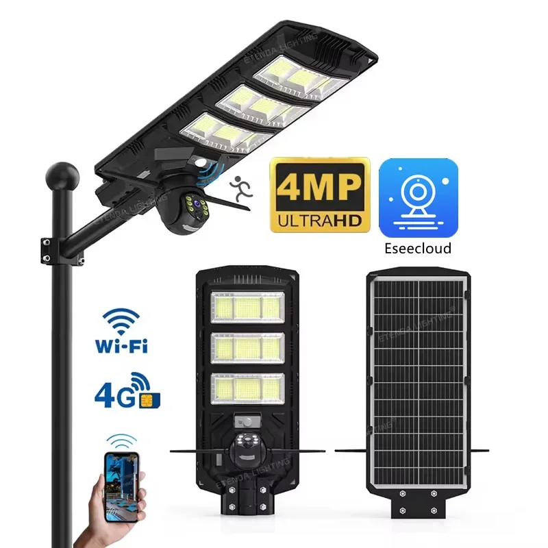 Eseecloud 450W Integrated Solar Street Light 4MP 2K 4G Sim Card PTZ IP Wifi Wireless CCTV Surveillance Security Camera Outdoor