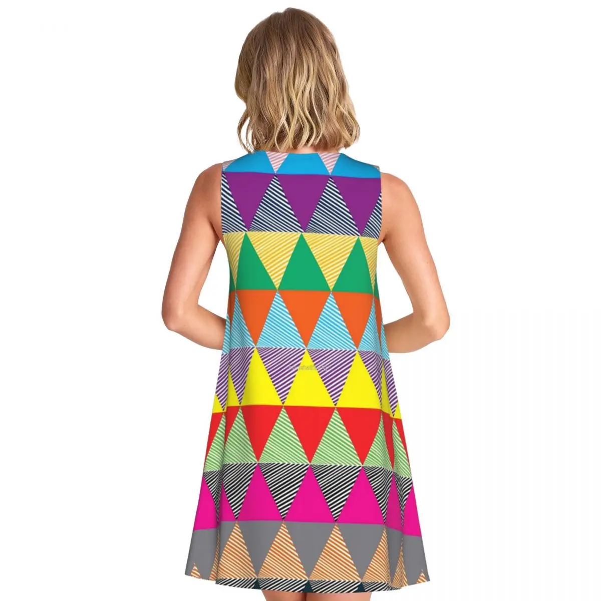 Colorblock Casual Dress Color Diamond Korean Fashion Dresses Sleeveless Kawaii Dress Hot Round Neck Womens Pattern Clothing