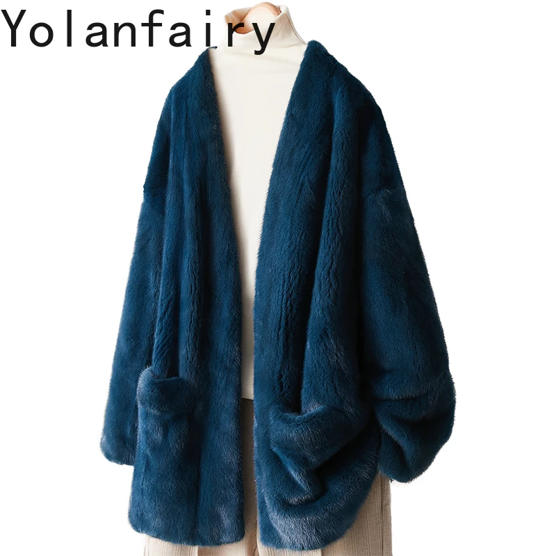 YOLANFAIRY Wysokiej Jakości Kurtki z Naturalnego Futra Norki dla Kobiet Jesień Zima Naturalny Płaszcz Futrzany Dekolt w Serek Prawdziwe Futro Kurtka Średniej Długości