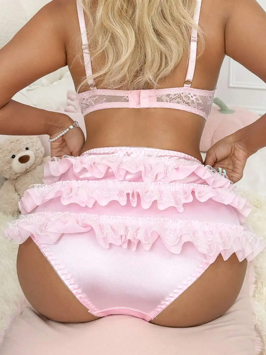 

Women Pink Satin Ruffled Lace Bloomers Low Waist Frilly Underwear